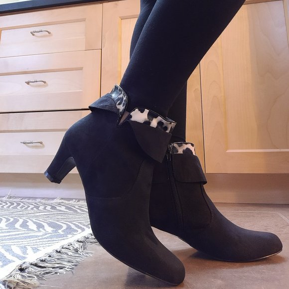 Avon Shoes - Black booties with leopard trim Sz 8